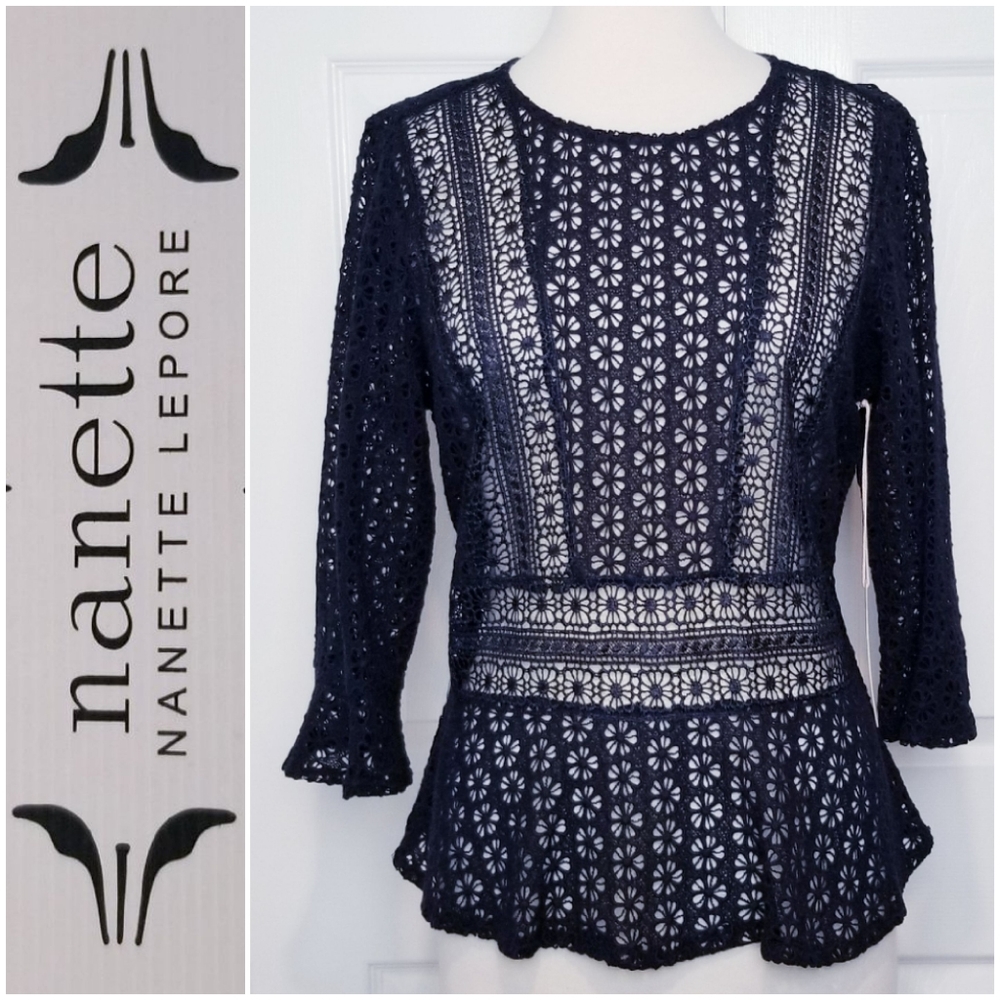 NWT Nanette Lepore Floral Crocheted Peplum Pullover Navy Top L